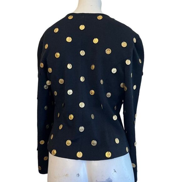 Ladies Medium Black Gold Tone Coins All Over Blouse Wool Sweater Top Vintage - Picture 2 of 8